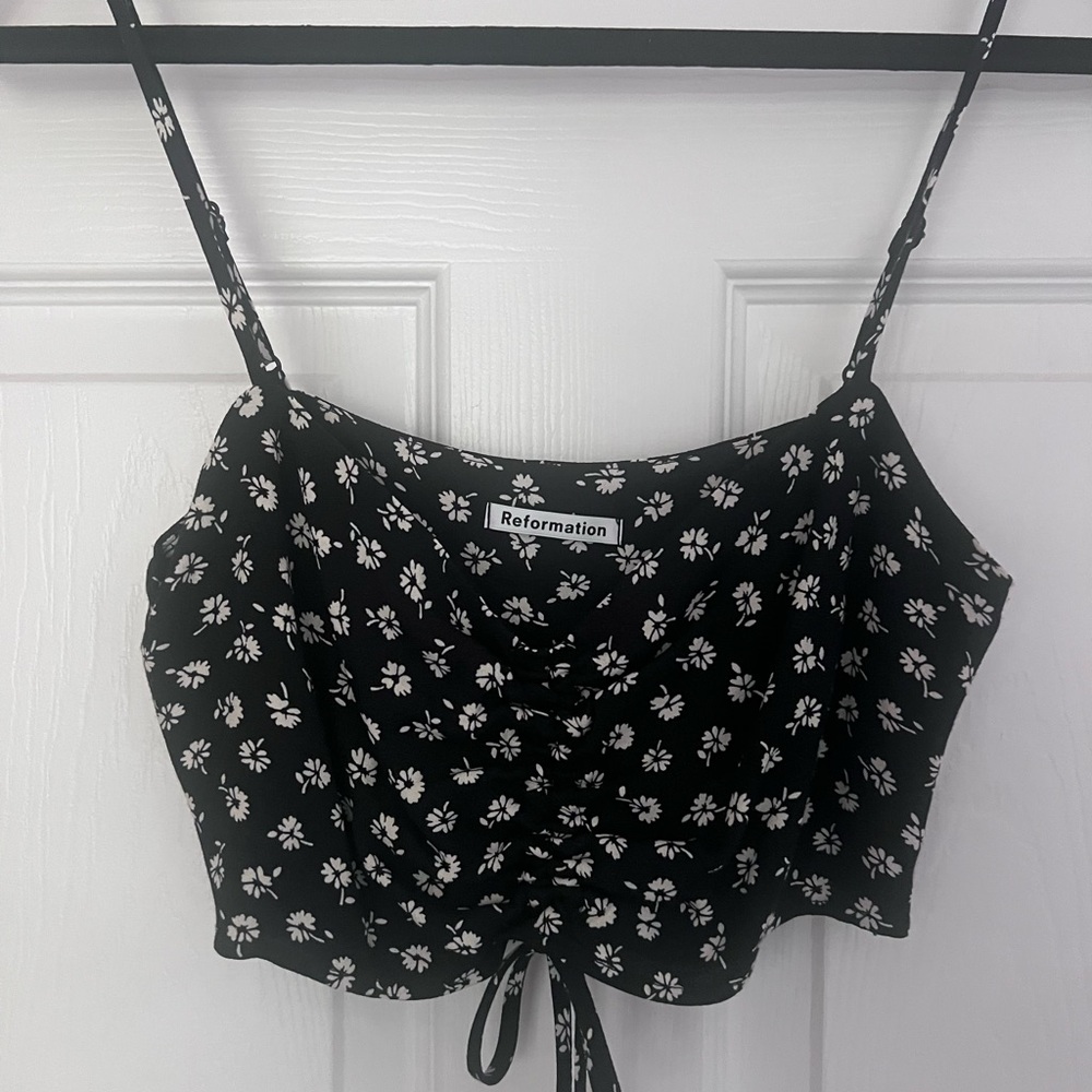 Reformation Black Floral Crop Top with Bow